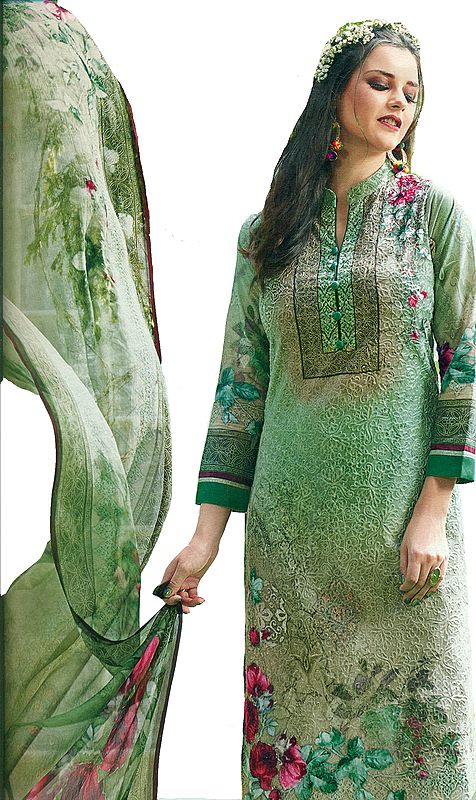 Light-Grass Green Digital-Printed Trouser Salwar Kameez Suit with Aari-Embroidered Bootis and Chiffon Dupatta