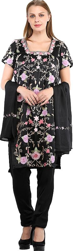 Caviar-Black Trouser Salwar Kameez Suit with Aari Embroidered Florals and Chiffon Dupatta