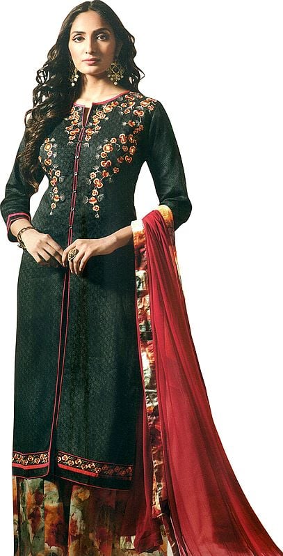 Dark-Shadow Printed Palazzo Salwar Suit with Floral Embroidery and Chiffon Dupatta