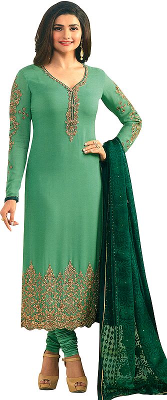 Gumdrop-Green Prachi Long Choodidaar Salwar Kameez Suit with Zari-Embroidery and Embellished with Crystals