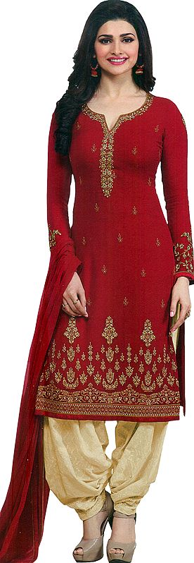 Tango-Red Prachi Long Salwar Kameez Suit with Zari-Embroidery and Crystals