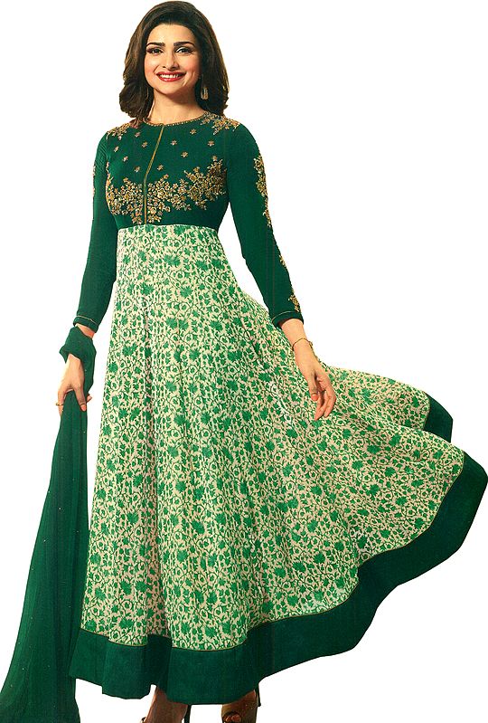 Alpine-Green Designer Anarkali Suit with Printed Flowers and Embroidery on Neck