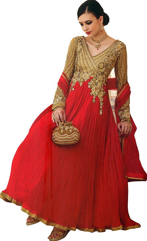 New-Wheat and Red Designer Anarkali Suit with Floral-Embroidery and Crystals