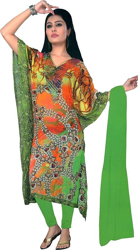 Vibrant-Green Digital-Printed Trouser Kaftan Suit with Crystals and Chiffon Dupatta