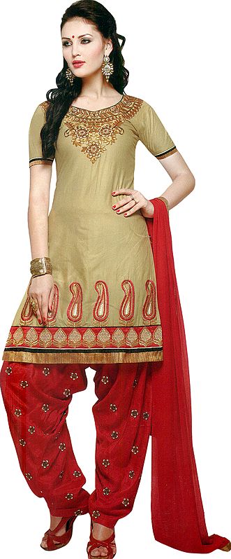Parsnip and Red Patiala Salwar Kameez Suit with Embroidered Florals and Paisleys