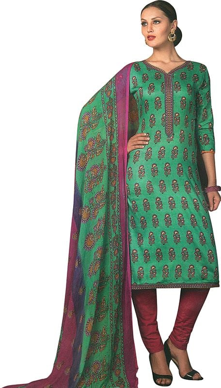 Pool-Green Printed Trouser Salwar Kameez Suit with Embroidery on Neck and Chiffon Dupatta