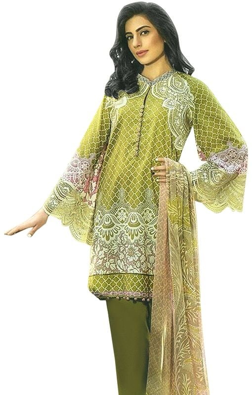 Palm-Green Short Salwar Kameez Suit with Printed Florals