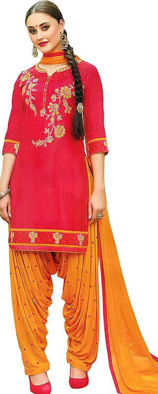 Paradise-Pink Patiala Salwar Kameez Suit with Embroidered Florals and Bootis