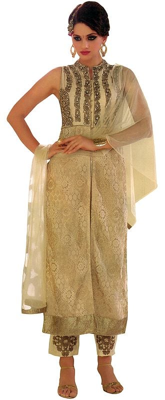Marzipan Jacket Style Salwar Kameez Suit with Aari-Embroidered Florals and Crystals