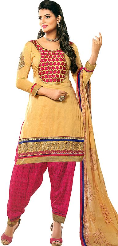 Beige and Beetroot-Purple Salwar Kameez Suit with Embroidered Florals and Crystals
