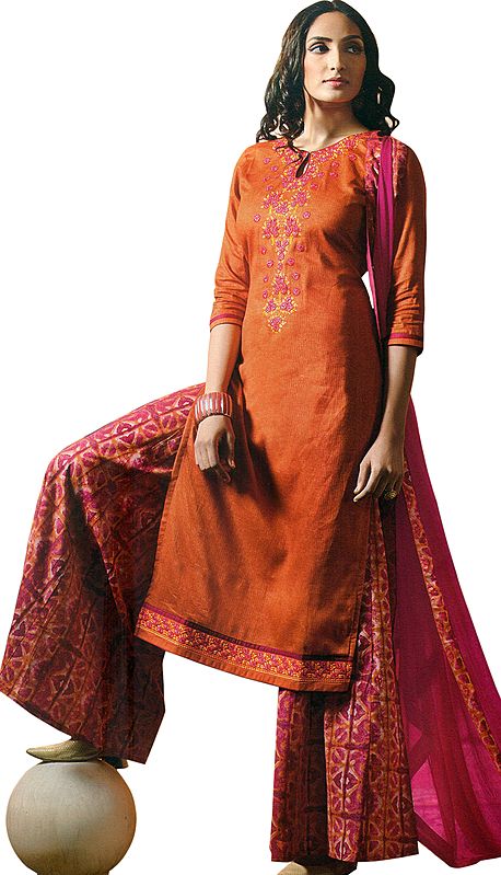Tigerlily-Orange Palazzo Salwar Suit with Floral Embroidery on Neck and Chiffon Dupatta