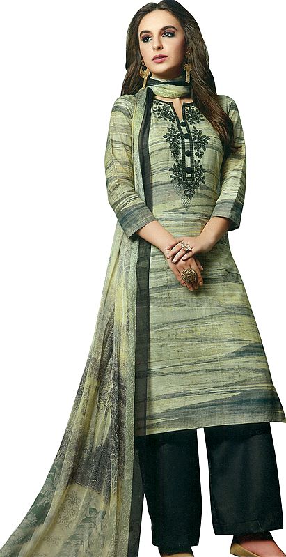 Celadon-Tint Long Printed Parallel Salwar Kameez Suit with Embroidery on Neck and Mirrors