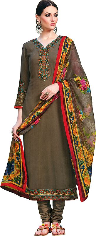 Fossil-Brown Long Choodidaar Salwar Kameez Suit with Aari Embroidery and Printed Chiffon Dupatta