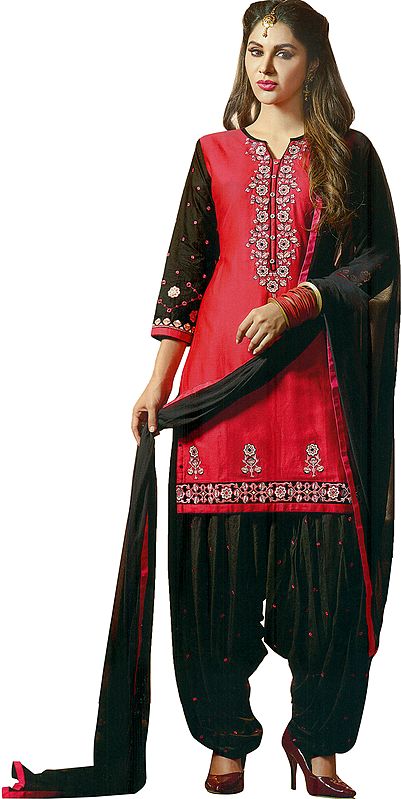 Paradise-Pink and Black Patiala Salwar Kameez Suit with Embroidered Florals and Bootis