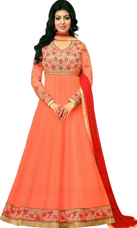 Papaya-Punch Ayesha Designer Floor-Length Anarkali Suit with Floral Zari Embroidery and Sequins