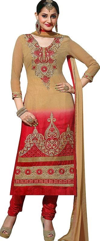 Candied-Ginger Long Choodidaar Salwar Kameez Suit with Aari Embroidery and Embellished with Crystals