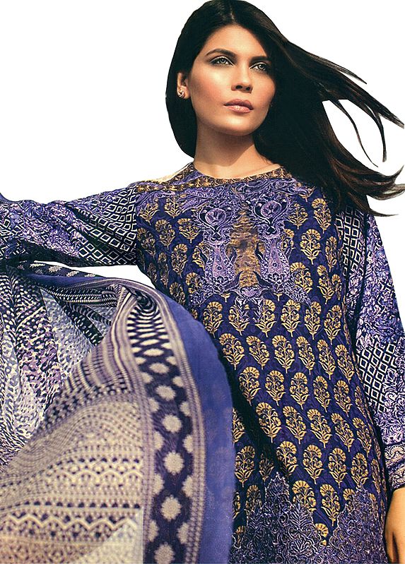 Deep-Ultramarine Short Salwar Kameez Suit with Printed Florals and Chiffon Dupatta