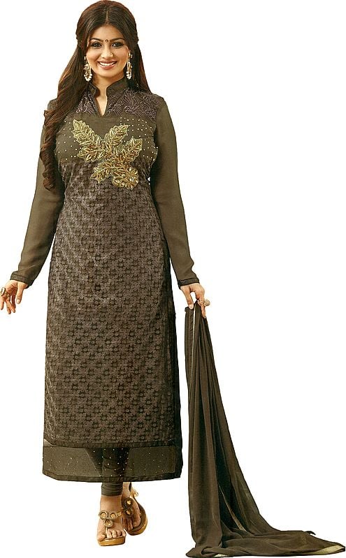 Walnut Ayesha Long Choodidaar Salwar Kameez Suit with Aari Embroidery and Embellished with Crystals