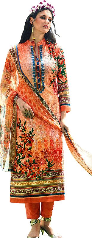 Autumn-Sunset Digital-Printed Trouser Salwar Kameez Suit with Aari-Embroidered Bootis and Chiffon Dupatta