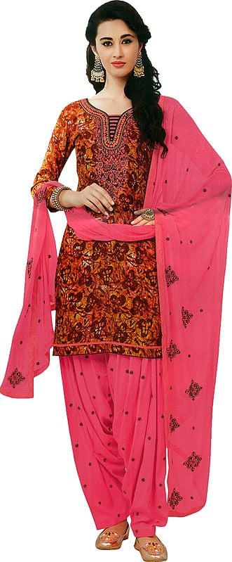 Apple-Butter and Pink Printed Patiala Salwar Kameez Suit with Embroidered Florals and Bootis