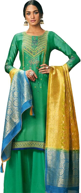 Sea-Green Pakistani Salwar-Kameez Suit with Floral Zari Embroidery and Silk Dupatta