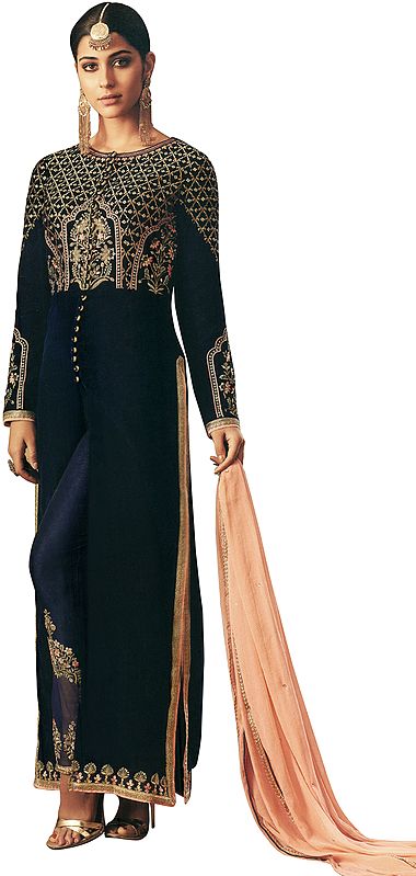 Medieval-Blue Designer Long Salwar Kameez Suit with Zari-Embroidery and Crystals