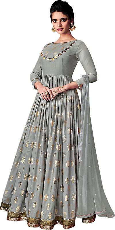 Storm-Gray Designer Floor-Length Anarkali Suit with Printed Golden Bootis and Zari Embroidered Border