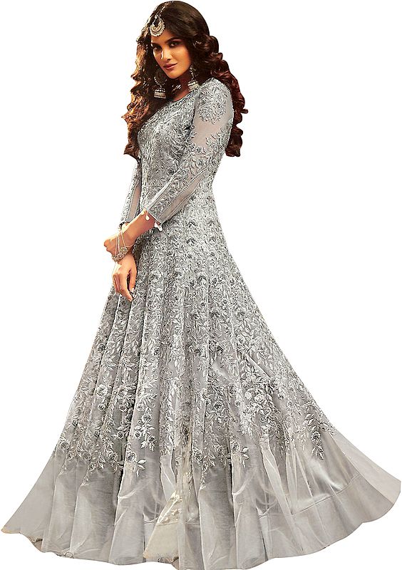 Grost-Gray Designer Floor-Length Anarkali Suit with Floral Zari Embroidery and Beads All-Over