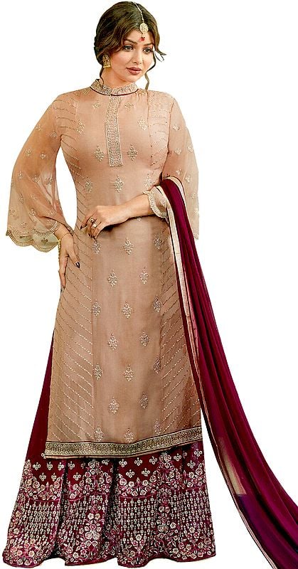 Toasted-Almond Ayesha Pakistani Salwar Kameez Suit with Zari-Embroidery and Crystals