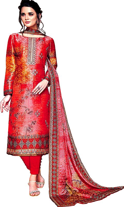 Rococco-Red Digital-Printed Trouser Salwar Kameez Suit with Embroidered Bootis and Chiffon Dupatta