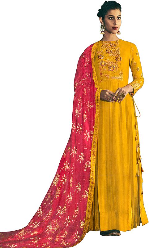 Yolk-Yellow Floor-Length Pleated Salwar-Kameez Suit with Zari Embroidered Lotuses and Beads