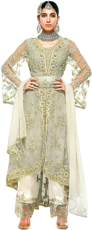 Silver-Cloud Zari-Embroidered Designer Salwar Kameez Suit with Embellished Pearls and Crystals All-over