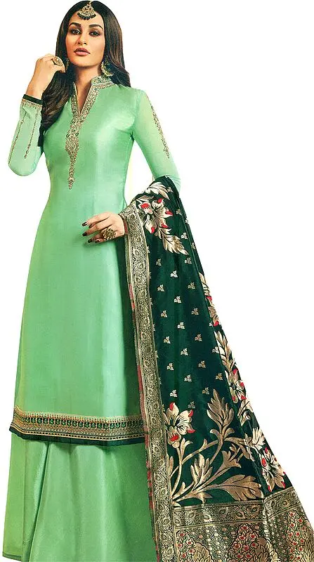 Nile-Green Flared-Palazzo Salwar Suit with Zari Embroidery and Brocaded Dupatta