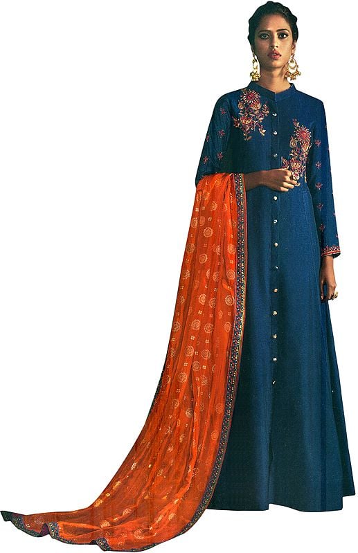 Twilight-Blue Floor-Length A-Line Suit with Floral Aari Embroidery and Printed Orange Dupatta