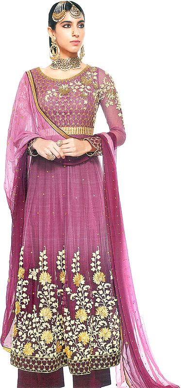 Windsor-Wine Zari-Embroidered Salwar Kameez Suit with Embellished Sequins and Crystals All-over