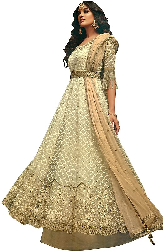 Afterglow Designer Floor-Length Anarkali Suit with Floral Zari Embroidery and Beads All-Over