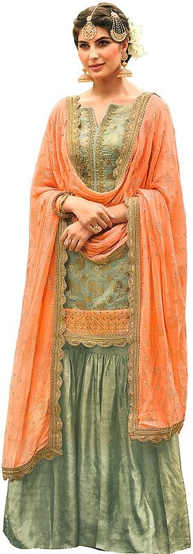Storm-Gray Pakistani Sharara-Kameez Suit with Zari Embroidery and Woven Motifs All-Over