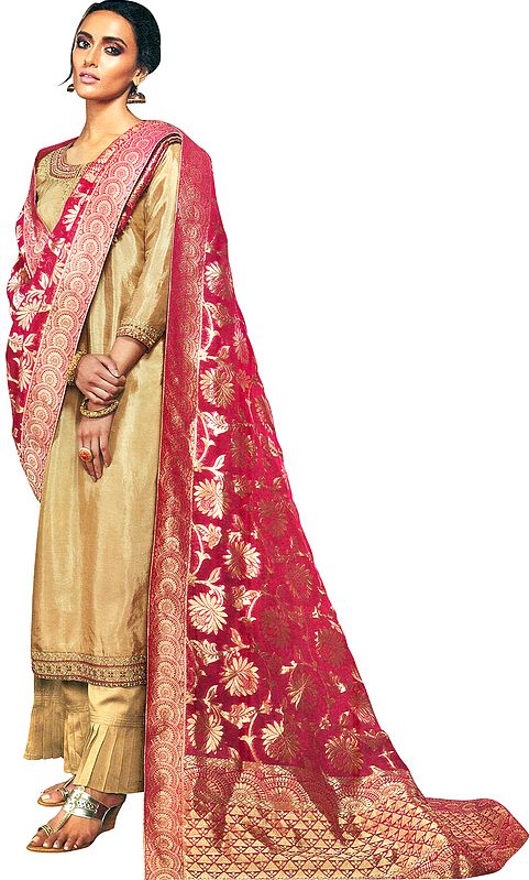 Almond-Buff Flared-Palazzo Salwar Kameez Suit with Zari-Embroidery and Woven Maroon Dupatta