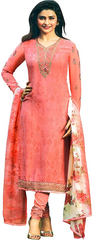 Pink-Icing Prachi Digital-Printed Choodidaar Salwar Kameez Suit with Zari-Embroidery and Crystals