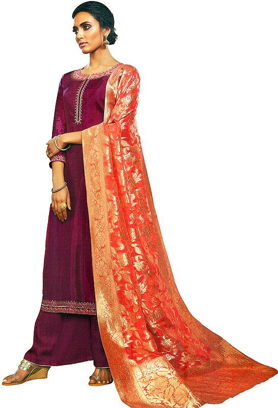 Lilac-Rose Palazzo Salwar Kameez Suit with Floral Embroidery and Zari Woven Orange Dupatta