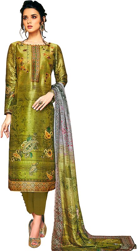 Palm-Green Digital-Printed Trouser Salwar Suit with Aari-Embroidered Bootis All-Over