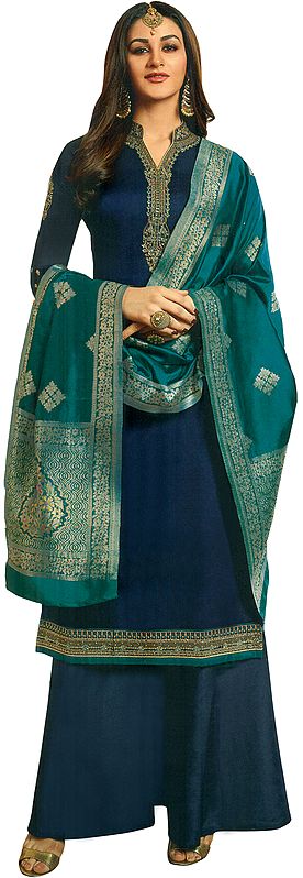 Patriot-Blue Pakistani Palazzo Suit with Zari Embroidery and Green Brocaded Dupatta