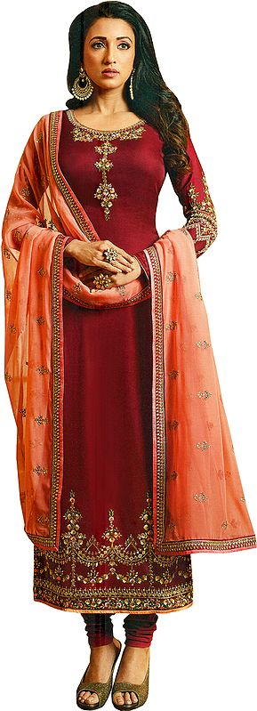Deep-Claret Long Choodidaar Salwar Kameez Suit with Zari-Embroidery and Peach Chiffon Dupatta