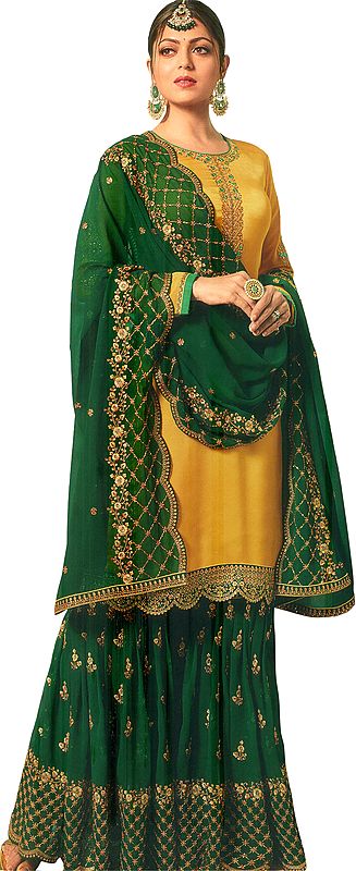 Bright-Gold Drashti Zari-Embroidered Sharara-Kameez Suit with Embellished Crystals All-Over