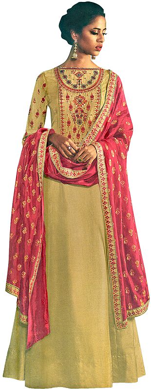 Prairie-Sand Floor-Length A-Line Suit with Floral Aari Embroidery and Printed Pink Dupatta