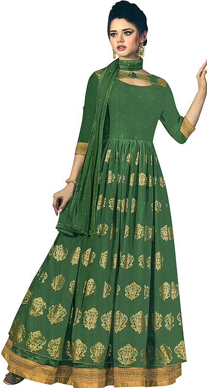 Vineyard-Green Designer Floor-Length A-Line Suit with Printed Golden Bootis and Zari Embroidered Border