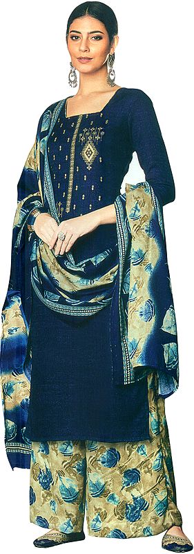 Astral-Aura Printed Palazzo Salwar Kamez Suit with Embroidered Bootis on Neck