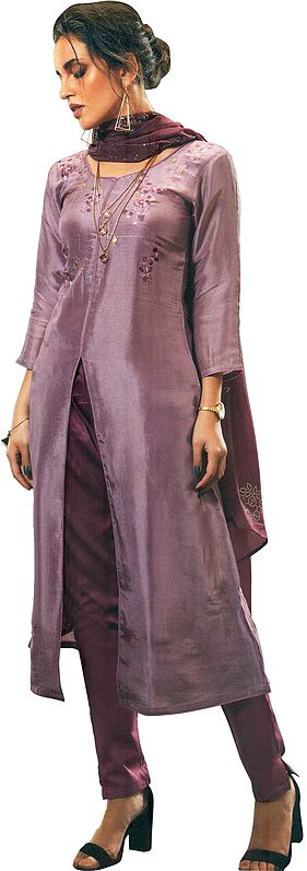 Mauve-Orchid Jacket-Style Salwar Kameez Suit with Aari-Embroidered Bootis and Chiffon Dupatta