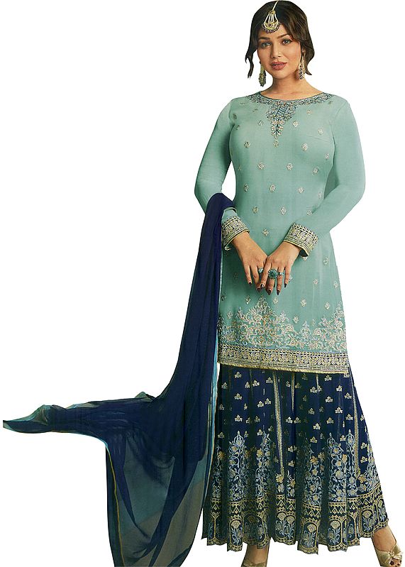 Icy-Morn Ayesha Pakistani Sharara Kameez Suit with Zari Embroidered Florals  and Crystals