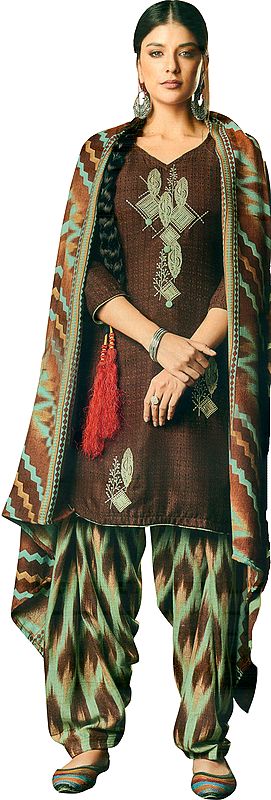 Deep-Mahogany Patiala Salwar Kameez Suit with Embroidered Bootis and Printed Dupatta